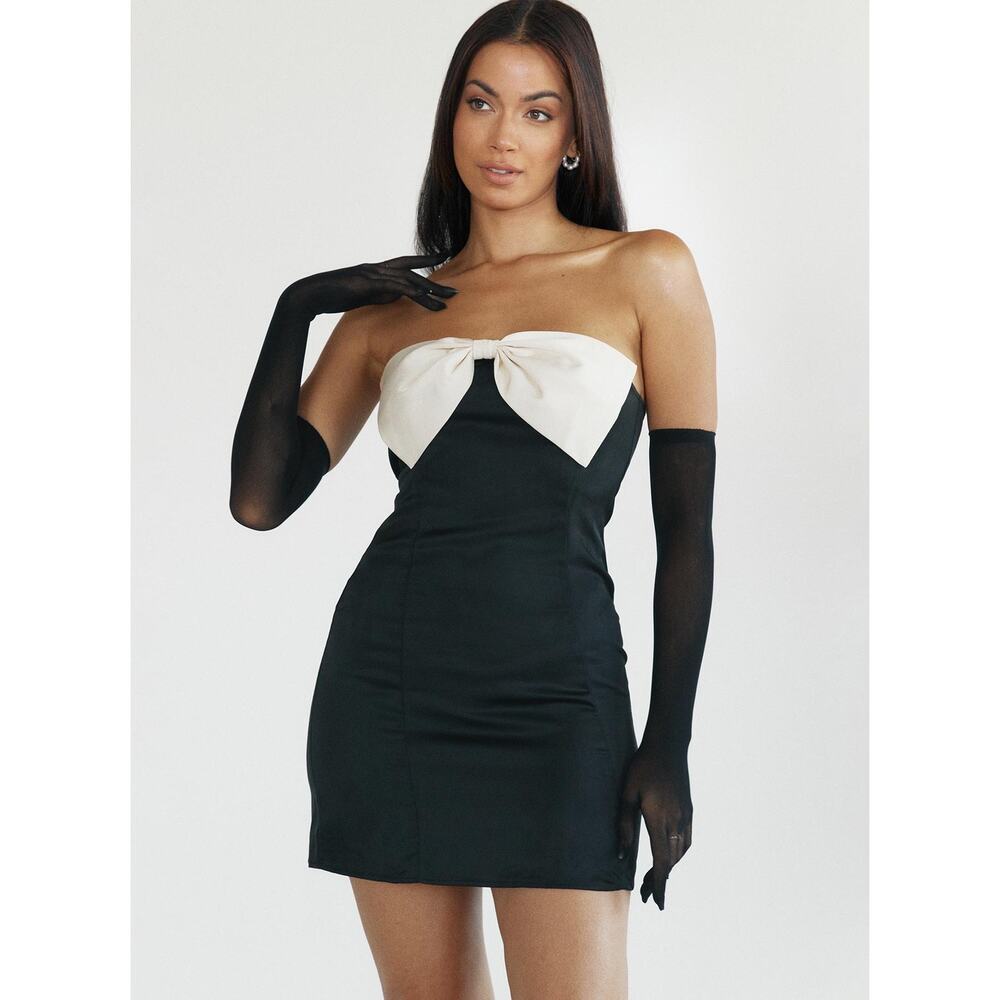 Satin Preppy Black/White Bow Strapless Princess Polly Kesy Mini Dress- Sz 2